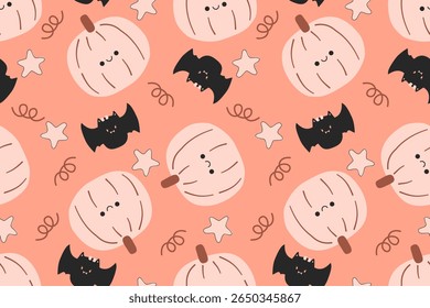 Halloween seamless pattern with pumpkins bats and stars