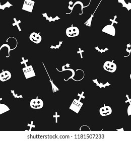 Halloween seamless pattern with pumpkins, black cats and witch brooms. Vector illustration