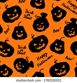 Halloween seamless pattern. Pumpkins black silhouette with carved scary smiling faces and lettering. Happy Halloween Boo Trick or Treat. Stock vector flat illustration isolated.
