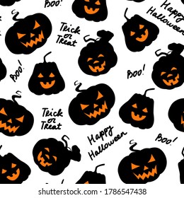 Halloween seamless pattern. Pumpkins black silhouette with carved scary smiling faces and lettering. Happy Halloween Boo Trick or Treat. Stock vector flat illustration isolated on white background.