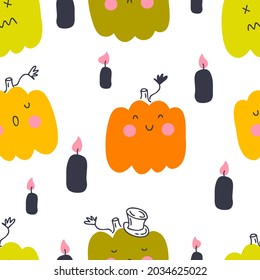 Halloween seamless pattern with pumpkins and black candles. Perfect for T-shirt, textile and prints. Hand drawn vector illustration for decor and design.

