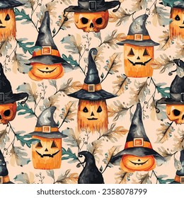 Halloween seamless pattern with pumpkins in black hat.Halloween vector background