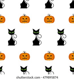 Halloween seamless pattern with pumpkins, black cat. Suitable for wallpaper, wrapping paper, and fabric or textile pattern.