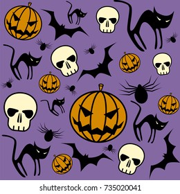 Halloween seamless pattern with pumpkins, black cats, bats, skull and spider on violet background 