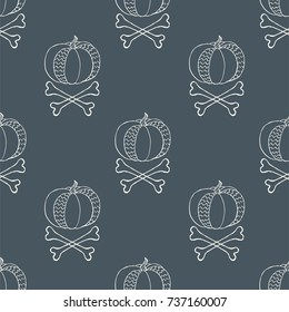 Halloween seamless pattern with pumpkins and bones. Bright cartoon print. Childish background for october holiday.Spirit silhouette background for paper, banner, poster, cover, advertisement, fabric.