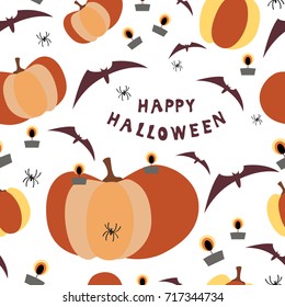 Halloween seamless pattern with pumpkins and burning candles, spiders, inscription and bats on a colored background