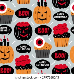 Halloween seamless pattern with pumpkins and cakes. Vector holiday illustration for Day of the dead or Halloween. Vector hand drawn illustration.