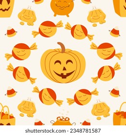 Halloween seamless pattern with pumpkins, candies, basket, wallet and a witch's pot on a light background. Vector illustration for making fabric, wallpaper, wrapping.