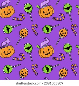 Halloween seamless pattern with pumpkins, candies, caramel, jelly sweets, sugar bonbons, lollipops on sticks.Trick or Treat. Vector background texture for printing on fabric and paper