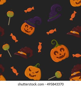 Halloween seamless pattern with pumpkins and candies