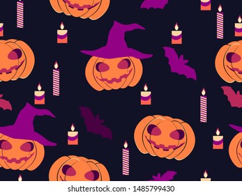 Halloween seamless pattern with pumpkins, candles and bats. Celebration background for promotional materials, print and wrapping paper. Vector illustration
