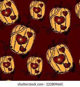 Halloween seamless pattern with pumpkins and candles. Hand drawn. Endless texture.