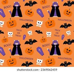 Halloween seamless pattern with pumpkins, cat vampire, cat skull, coffin, bat. Illustration for print, wrapping paper