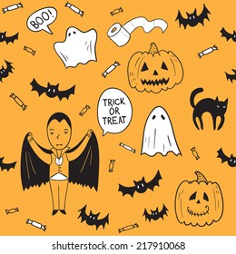 Halloween seamless pattern with pumpkins, cats, Dracula, ghosts, bats and sweets. Vector background.
