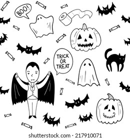 Halloween seamless pattern with pumpkins, cats, Dracula, ghosts, bats and sweets. Vector background.