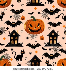 Halloween seamless pattern with pumpkins, cats, old haunted house, spider webs, flying bats, perfect vector design for halloween-themed decorations, fabric, wrapping paper, party invitations, seasonal