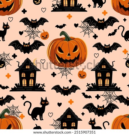 Halloween seamless pattern with pumpkins, cats, old haunted house, spider webs, flying bats, perfect vector design for halloween-themed decorations, fabric, wrapping paper, party invitations, seasonal