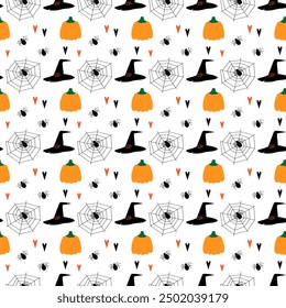 Halloween seamless pattern with pumpkins, cobwebs, spiders and decorative hearts in trendy shades