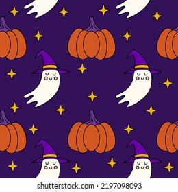Halloween seamless pattern with pumpkins and cute ghosts.  Psychedelic halloween seamless dark background.