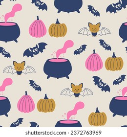Halloween seamless pattern. Pumpkins, cute bats and potion cauldron on a light background. Halloween vector illustration. Background for flyer, banner, poster templates.