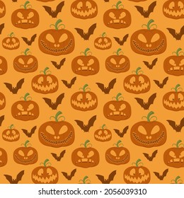 Halloween seamless pattern. Pumpkins with different emotions, bats. Vector illustration