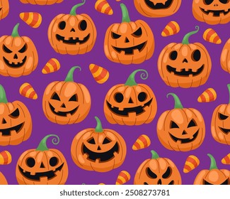 Patrón sin fisuras de Halloween con calabazas de Halloween. Diferentes calabazas de halloween y dulces de maíz, fondo púrpura. Jack-o-linternas. Diseño para papel de regalo, textil.