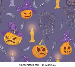 Halloween seamless pattern with pumpkins, dream catchers, candles and feathers