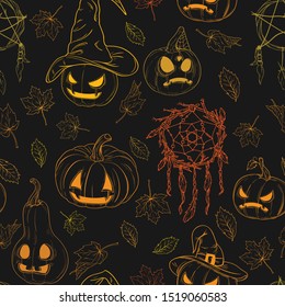 Halloween seamless pattern with pumpkins, dream catchers and autumn leaves