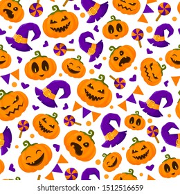 Halloween seamless pattern with pumpkins emoji, witches hat, candy, flags, funny and scary creepy characters with various facial expressions, traditional holiday symbols, flat style, vector texture