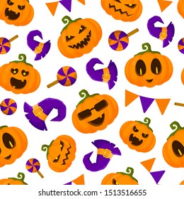 Halloween seamless pattern with pumpkins emoji, witches hat, candy, flags, funny and scary creepy characters with various facial expressions, traditional holiday symbols, flat style, vector texture