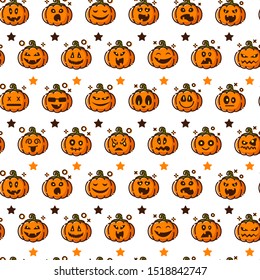 Halloween seamless pattern with pumpkins emoji, stars, funny and scary creepy characters with various facial expressions, traditional holiday symbols, flat style, vector texture 