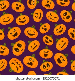 Halloween seamless pattern with pumpkins emoji, funny and scary creepy characters with various facial expressions, traditional holiday symbols, flat style, vector texture for textile, wrapping paper