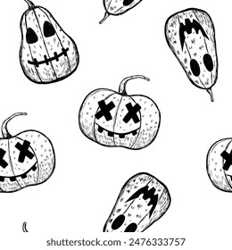 Halloween seamless pattern of pumpkins with face in hand drawn sketch style