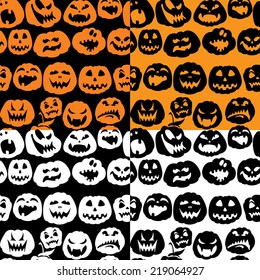 Halloween seamless pattern with pumpkins faces - different emotions cartoons - backgrounds in orange and black colors