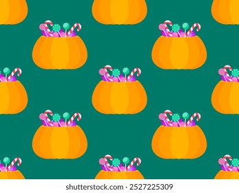 Halloween padrão sem emenda com abóboras cheias de doces e pirulitos. Jack o lanterna cheio de doces para delícias de Halloween. Design para banners e cartazes. Ilustração vetorial