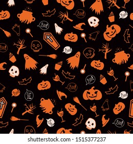 Halloween seamless pattern with pumpkins, ghost, magic hat, graves, witch's cauldron, scull, cakes, bat and candy. Pattern for Halloween decoration.
