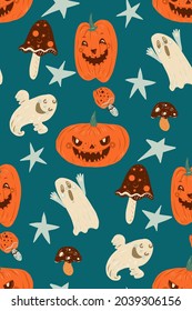 Halloween seamless pattern with pumpkins, ghost, stars and mushrooms.