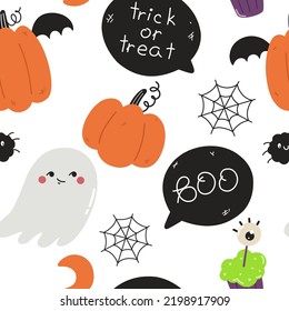 Halloween seamless pattern with pumpkins, ghost and speech bubbles. Vector pattern for wrapping paper, fabrics, backgrounds.