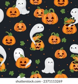 Halloween seamless pattern of pumpkins and ghost
