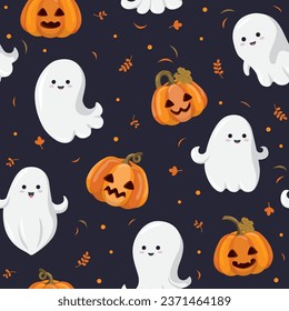 Halloween seamless pattern of pumpkins and ghost