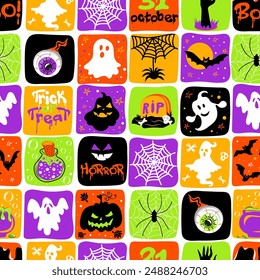 Halloween seamless pattern with pumpkins, ghosts, bats and spiders. Hand drawn colorful doodle collage. Great for textile, fabric, wallpaper, wrapping, scrapbook and packaging	