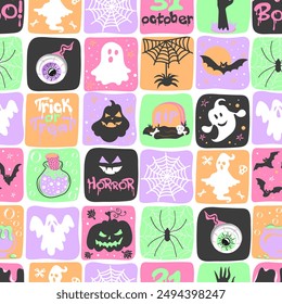 Halloween seamless pattern with pumpkins, ghosts, bats and spiders in pastel colors. Hand drawn colorful doodle collage. Great for textile, fabric, wallpaper, wrapping, scrapbook and packaging