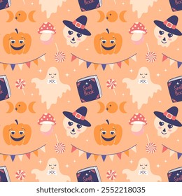 Halloween seamless pattern with  pumpkins ghosts and bats. Flat style illustration, background for packaging
