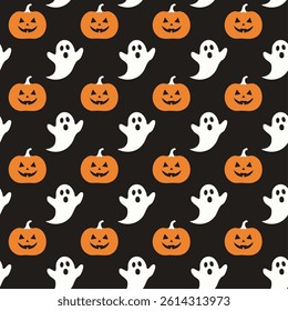 Halloween Seamless Pattern with Pumpkins and Ghosts