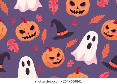 Halloween seamless pattern with pumpkins, ghosts, hats and leaves. Seamless vector pattern for Halloween design. Vector illustration of Halloween seamless pattern for background.