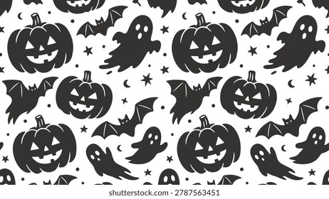 Halloween seamless pattern with pumpkins, ghosts, and bats vector illustration