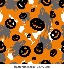 Halloween seamless pattern with pumpkins, ghosts and candles