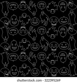 Halloween seamless pattern with pumpkins, ghosts and skulls