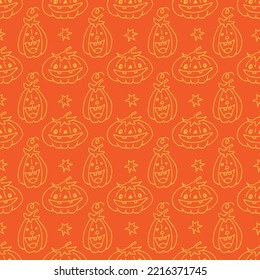 Halloween seamless pattern with pumpkins. Hand drawn or doodle vector illustration. Design element for fabric, banner, wrapping paper.