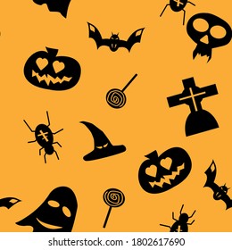 
Halloween seamless pattern with pumpkins, hat, skull and grave with spider and other Halloween elements. Halloween vector background